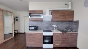 Apartments near Noblessner في تالين: مطبخ بدولاب خشبي وفرن علوي موقد أبيض