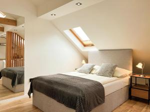 a bedroom with a large bed and a skylight at Apartamenty Magiera in Sromowce Niżne