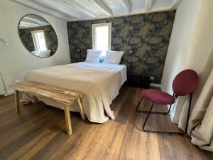 a bedroom with a bed and a mirror and a chair at L'Echoppe en ville in Amboise