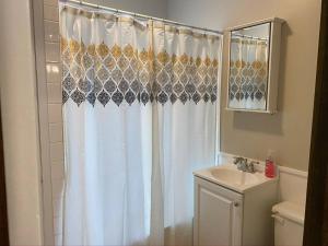 a bathroom with a shower curtain and a sink at Serene Home One Block From Lake Michigan in Sheboygan