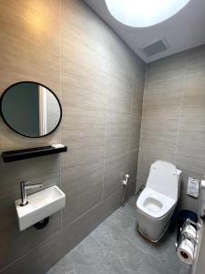 閣考島的住宿－Villa PaSon，一间带卫生间、水槽和镜子的浴室