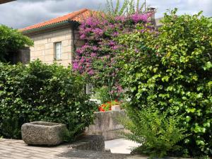 un jardin avec des fleurs roses en face d'une maison dans l'établissement A Casa da Celeste, à Fagilde