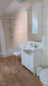 a bathroom with a sink and a toilet and a shower at HOKE lakás in Sopron