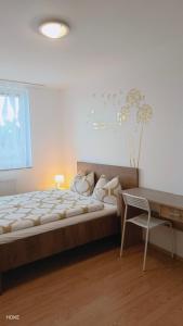 ショプロンにあるHOKE lakásのベッドルーム1室(ベッド1台、デスク、椅子付)