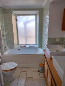 une salle de bain avec une baignoire, des toilettes et un lavabo dans l'établissement Gîte privatif, proche nature et plan d'eau, à Charlanges