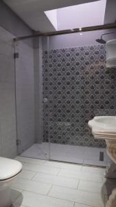 a bathroom with a shower and a toilet and a sink at riad casa bahia asilah in Asilah