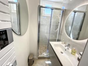 een badkamer met een wastafel en een douche bij 1 bedroom Palais Hoche Cannes 5 mins from the Croisette Cannes Riviera 226 in Cannes