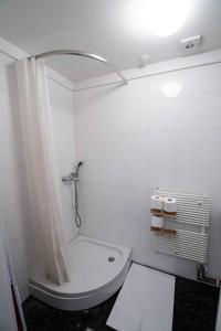 ein weißes Bad mit einer Dusche und einem WC in der Unterkunft LightBox Central in Ljubljana