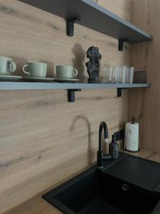 a kitchen counter with a sink and cups on shelves at Gemini Apartments in Kaštela
