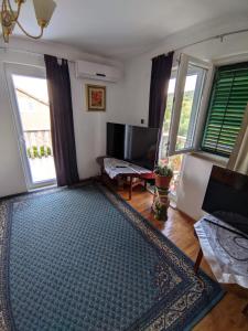 a living room with a blue rug and two windows at Apartments Vejo in Korčula
