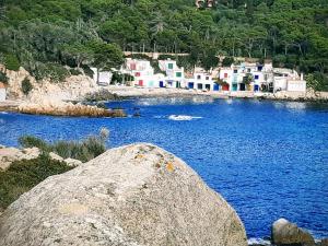 uma grande rocha no meio de um rio com casas em Casa Marinera en Palamós em Palamós