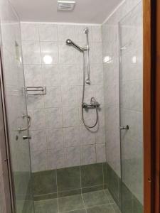 a bathroom with a shower with a glass door at Fülöp Vendégház in Bogács