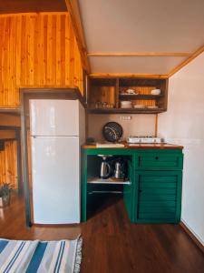 Söğüt Tinyhouse & Glamping في مرماريس: مطبخ مع خزانة خضراء وثلاجة بيضاء
