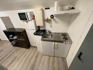 a small kitchen with a sink and a microwave at Åndalsnes Guest House - 1 Room in loft in Åndalsnes