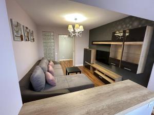 ein Wohnzimmer mit einem Sofa und einem Tisch in der Unterkunft Page3 Apartament in Târgovişte