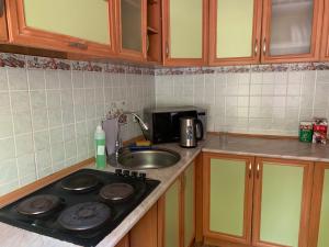 a kitchen with a sink and a stove top oven at Sakura Guesthouse in Bishkek +18 photos