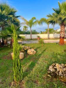 un giardino con palme e rocce in un campo di Villetta di Venere a Marinella di Selinunte