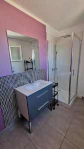 uma casa de banho com um lavatório e um chuveiro em villa pour 10 personnes avec piscine et jacuzzi em Alès