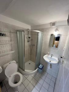 a bathroom with a shower and a toilet and a sink at Chata u Porubäna in Jakubovany