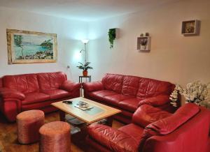 una sala de estar con sofás de cuero rojo y una mesa. en Apartment Melanie, en Skrbčići