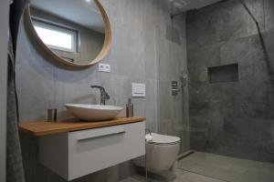 a bathroom with a sink and a toilet and a mirror at Apartmán Zuzana in Nesvady