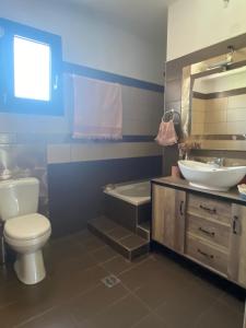 a bathroom with a toilet and a sink and a tub at DIMAKI'S house in Patitiri