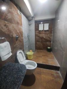 マウント・アブにあるRudraksha Innのバスルーム(白いトイレ、シャワー付)