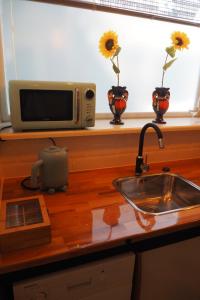 a kitchen counter with a sink and a microwave at B&B Bureau Warmoesstraat in Den Burg