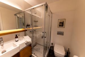ein Bad mit einer Dusche, einem Waschbecken und einem WC in der Unterkunft GALATA M84 in Istanbul
