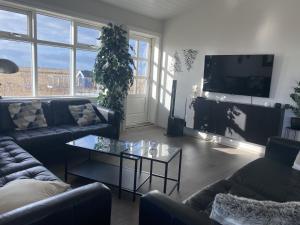 a living room with couches and a tv and a table at Skalarimi - Country House in Selfoss