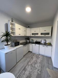 een keuken met witte kasten en een potplant bij Apartman Royal sa GARAŽOM in Visoko