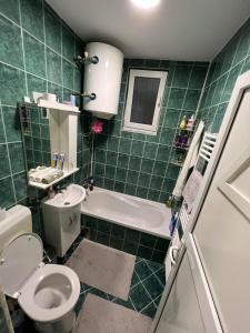 een groene betegelde badkamer met een toilet en een bad bij Apartman Royal sa GARAŽOM in Visoko