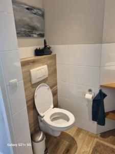 a bathroom with a toilet and a painting on the wall at 't Achterhuis 