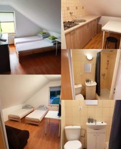 a collage of pictures of a bathroom and a room at Zakątek Pod Lasem in Wydminy