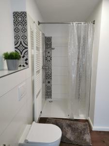 a white bathroom with a toilet and a shower at Das Kirch24 - DAS Ferienhaus in Heidenburg in Heidenburg