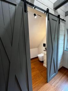 a sliding barn door in a bathroom with a toilet at Lille Bornholm in Banie Mazurskie