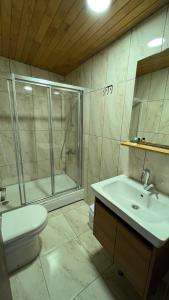 a bathroom with a shower and a sink and a toilet at Kar Hotel Uzungöl in Uzungöl