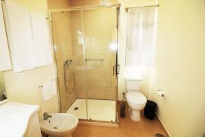 a bathroom with a shower and a toilet and a sink at Casa dos Meoes in Geres