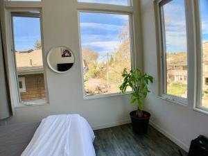 a bedroom with a bed and a mirror and windows at Lofty Studio Prime Cap Hill Area Mins to Downtown in Seattle