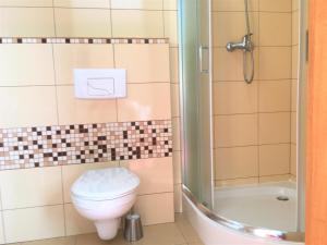 a bathroom with a toilet and a shower at Villa Eldorado in Rewal