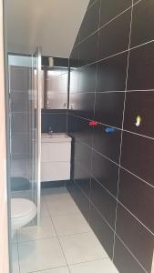 a bathroom with a toilet and a sink and a shower at Dom Apart Magda Rewal in Rewal