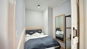 ein Schlafzimmer mit einem Bett und einem Spiegel in der Unterkunft Apartamenty EverySky - Prusa 2A - przyziemie in Karpacz