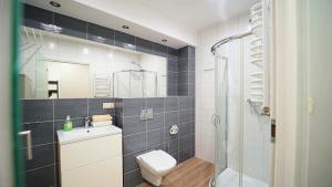 ein Badezimmer mit Toilette, Waschbecken und Dusche in der Unterkunft Apartamenty EverySky - Prusa 2A - przyziemie in Karpacz + 25 Fotos