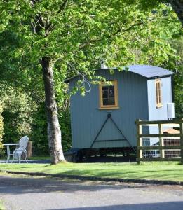 a small blue house with a tree and a bench at The Shepherds Hut in Carmarthen