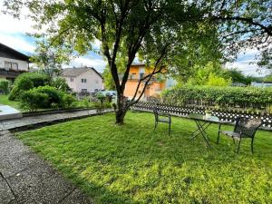 a park with two chairs and a table and a tree at Pension DonauBlick Grein 1 , Spitzfeldstr 1 in Grein