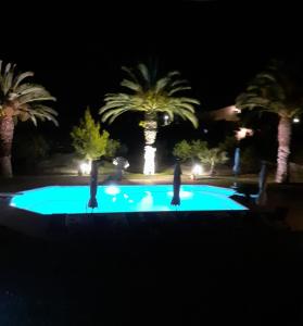una piscina iluminada por la noche con palmeras en Kinetious Nisous, en Kineta