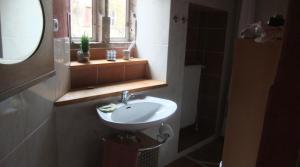 a bathroom with a sink and a window and a mirror at Schloss Höllrich in Karsbach