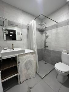 Un baño con lavabo, inodoro y ducha. en AnNi old Tbilisi apartaments, en Tiflis