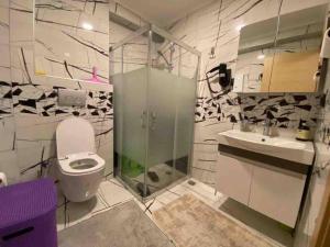 a bathroom with a toilet and a shower and a sink at Center apartment in Fethiye