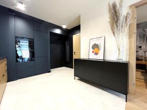 a living room with navy blue walls and a black cabinet at WYSZYŃSKIEGO Apartment - Self Check-In 20h - Parking &Lift in Wrocław